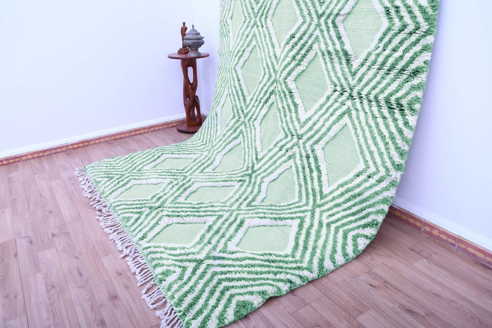 Marockansk Matta Handgjord Ull 7x10 - Salvia Grön Ivory Geometrisk Boho Område Matta för Vardagsrum Sovrum - Mrirt - Image 3