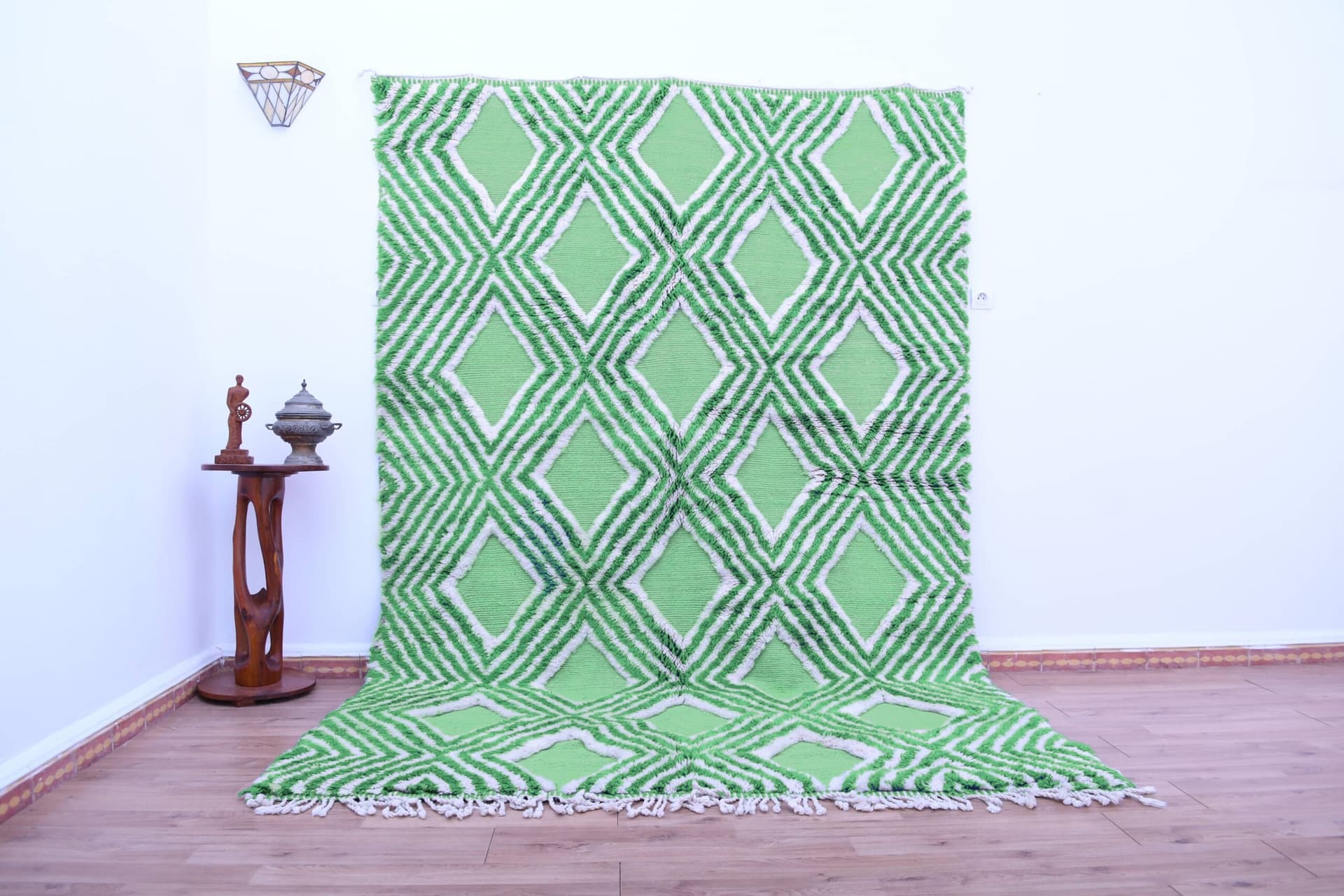 Tapis Marocain Fait Main en Laine 7x10 - Tapis Moderne Géométrique Vert Ivoire pour Salon Chambre - Mrirt - Image 2