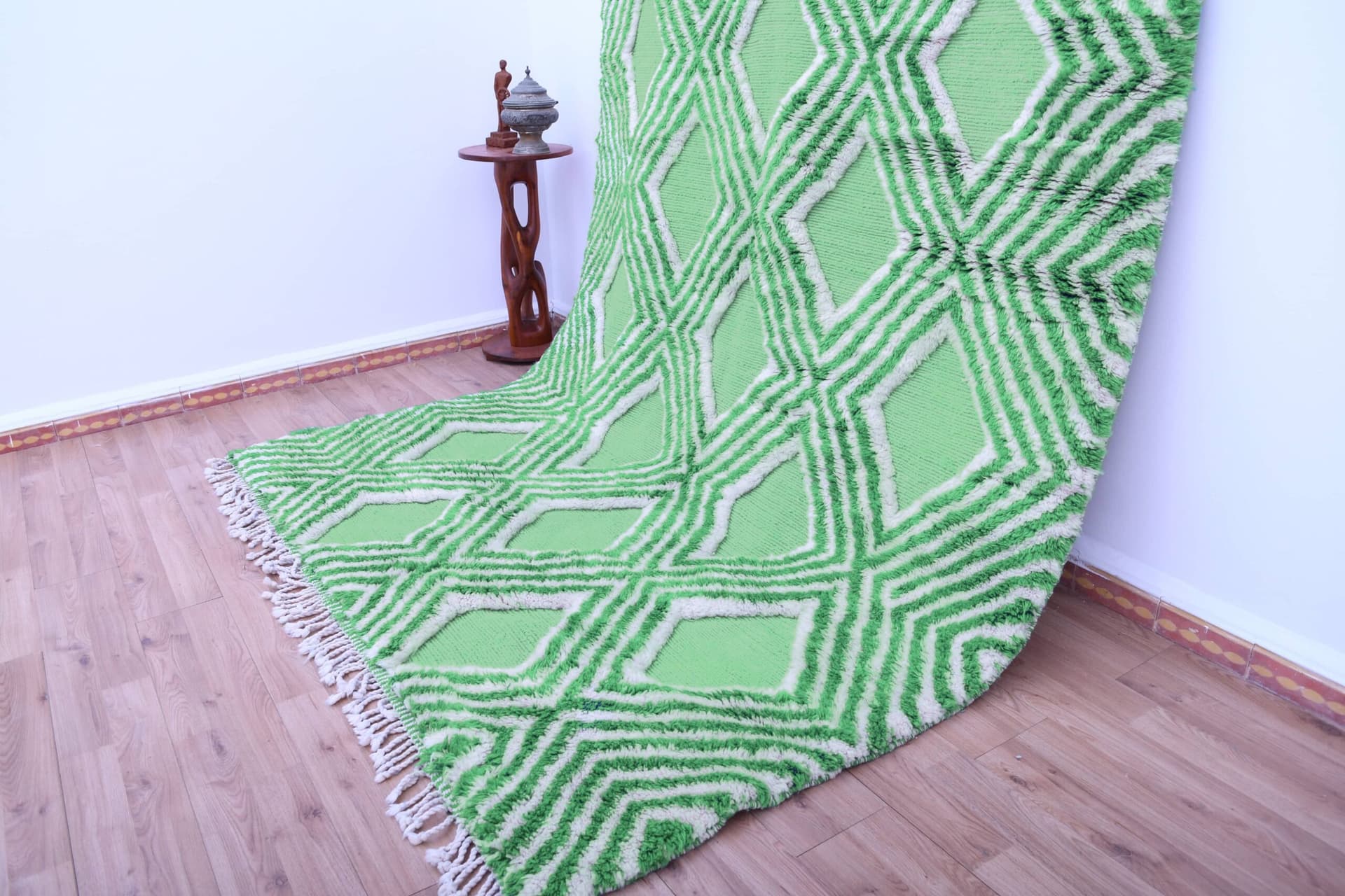 Tapis Marocain Fait Main en Laine 7x10 - Tapis Moderne Géométrique Vert Ivoire pour Salon Chambre - Mrirt - Image 3