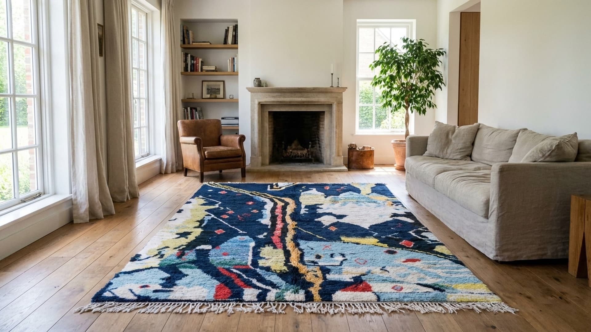 Marokkolainen Matto Käsintehty Villa 7x10 - Laivastonsininen Moderni Boho Alue Matto Olohuoneeseen Makuuhuoneeseen - Boujaad