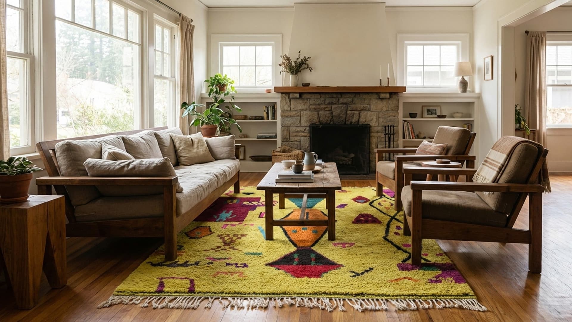 سجادة مغربية مصنوعة يدويًا من الصوف 8x10 - سجادة منطقة بوهيمية صفراء حديثة لغرفة المعيشة وغرفة النوم - بربر أزيلال