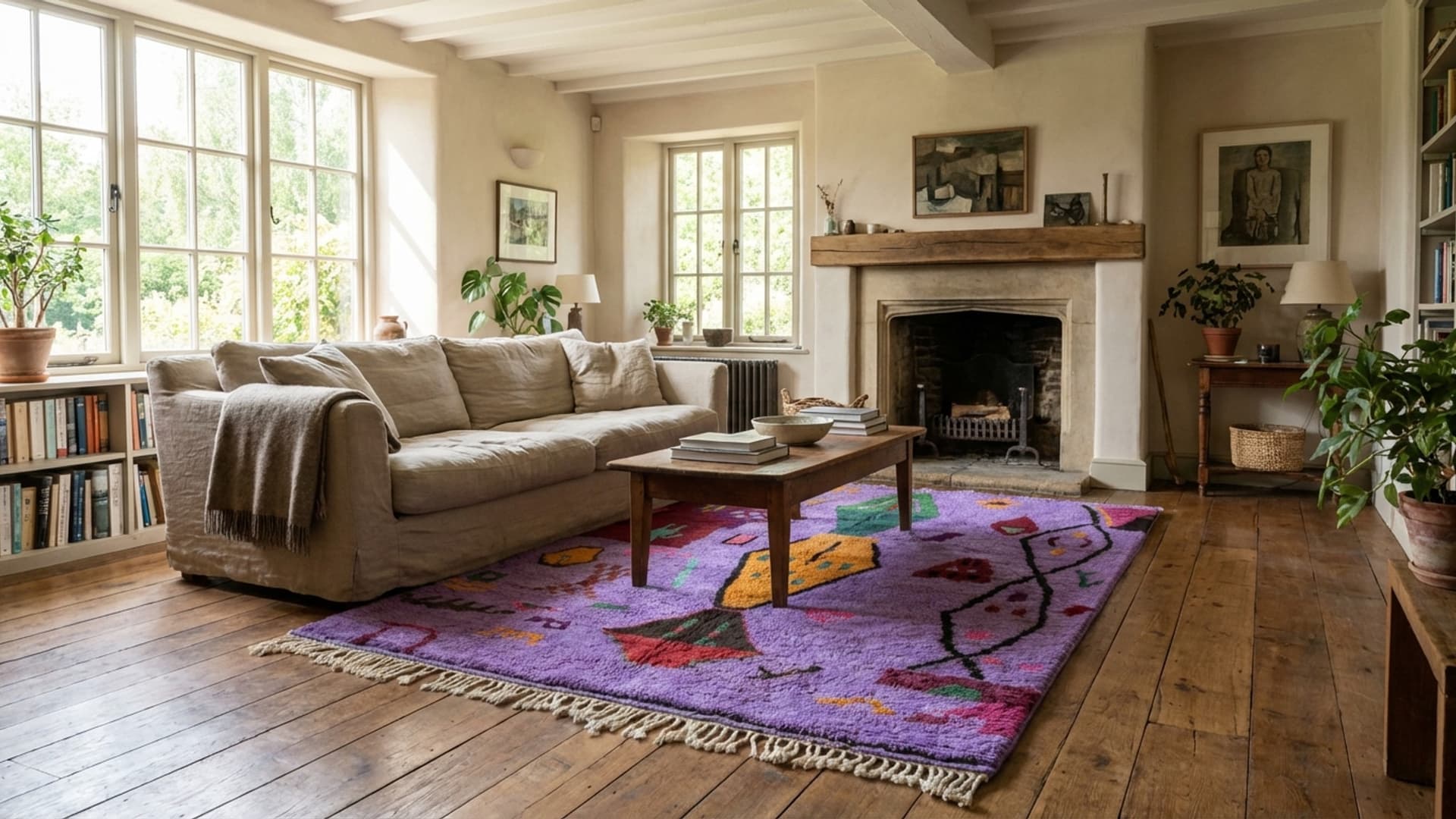 Alfombra Marroquí Hecha a Mano de Lana 8x10 - Alfombra Boho Abstracta Púrpura para Sala de Estar y Dormitorio, Alfombra Berber Auténtica