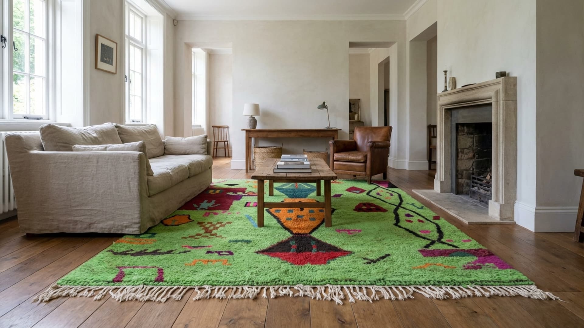 Alfombra Marroquí Hecha a Mano de Lana Tamaño Personalizado - Alfombra Boho Abstracta Verde para Sala de Estar y Dormitorio - Berber