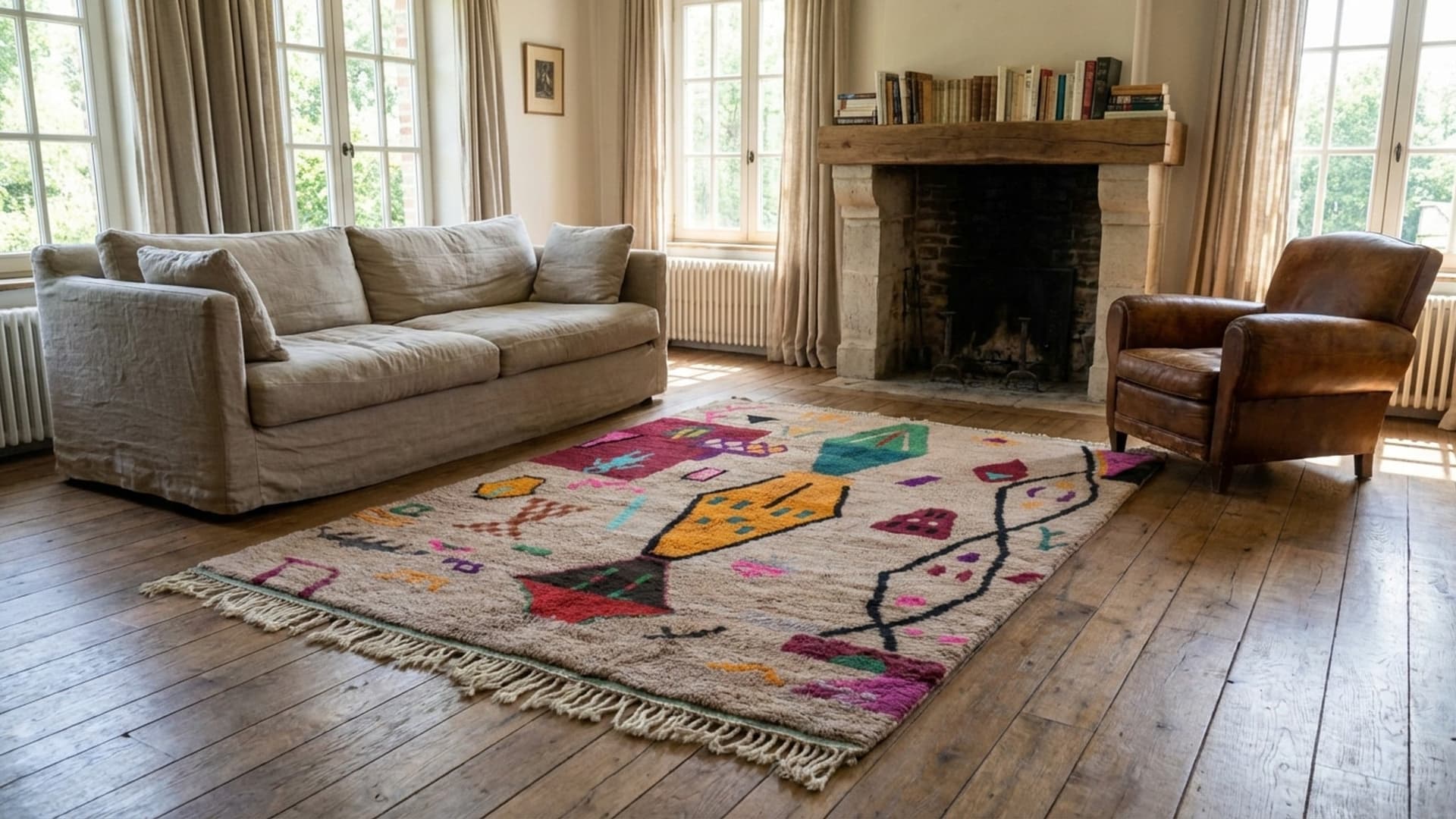 Alfombra Marroquí Hecha a Mano de Lana 6x9 - Alfombra Boho Abstracta Colorida Neutra para Sala de Estar y Dormitorio