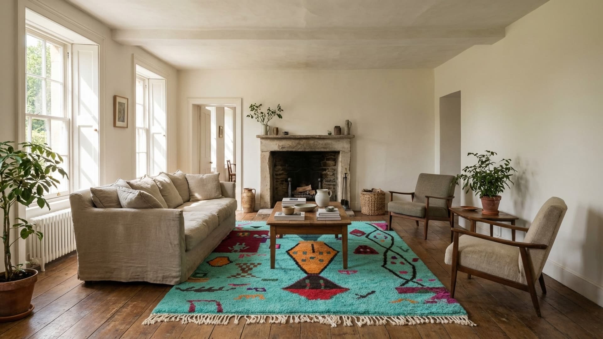 Marockansk Matta Handgjord Ull 8x10 - Turkos Färgglad Abstrakt Boho Matta för Vardagsrum Sovrum