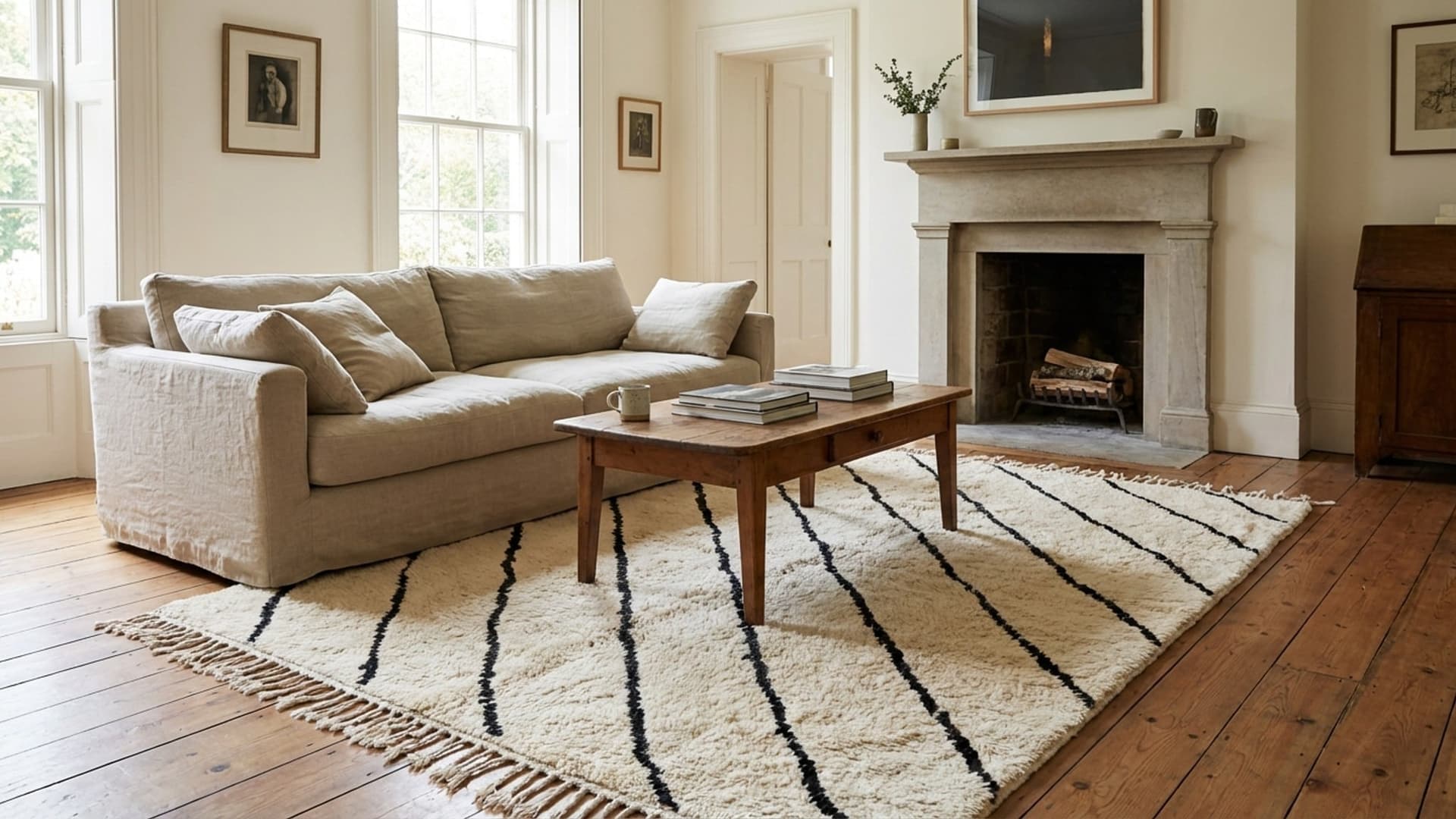 Moroccan Rug Handmade Wool 8x10 - Ivory Black Abstract Striped Boho Area Rug for Living Room Bedroom Berber