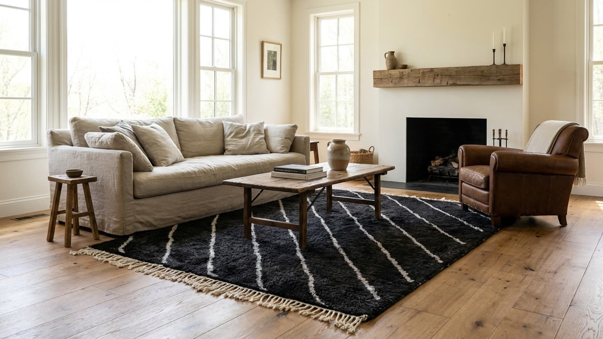 Moroccan Rug Handmade Wool 8x10 - Black White Abstract Area Rug for Living Room, Modern Minimalist Bedroom Rug