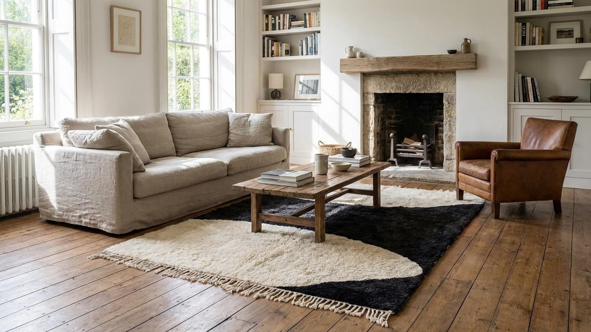 Marockansk Matta Handgjord Ull 8x10 - Svart Elfenben Minimalistisk Modern Matta för Vardagsrum Sovrum - Mrirt - Image 2