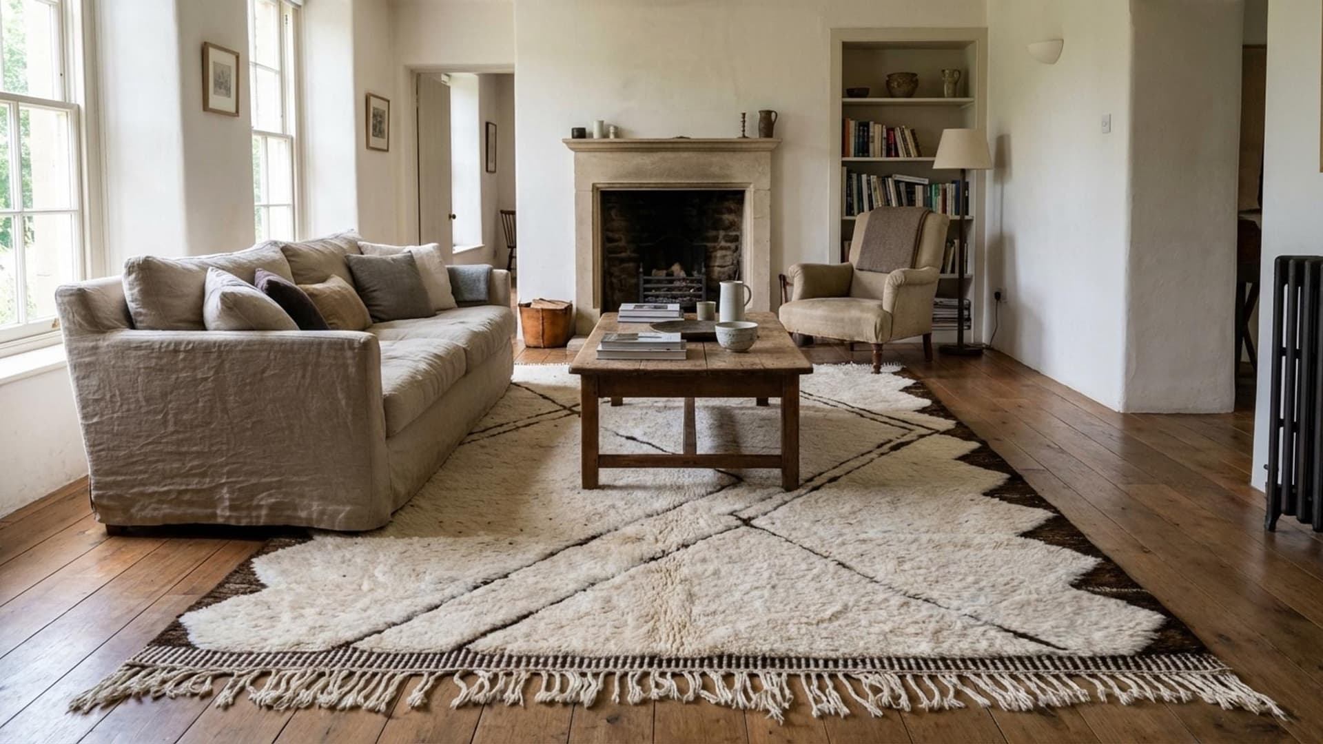 Alfombra Marroquí Hecha a Mano de Lana 7x10 - Alfombra Boho Geométrica Neutra en Marfil para Sala de Estar y Dormitorio - Beni Ourain - Image 3