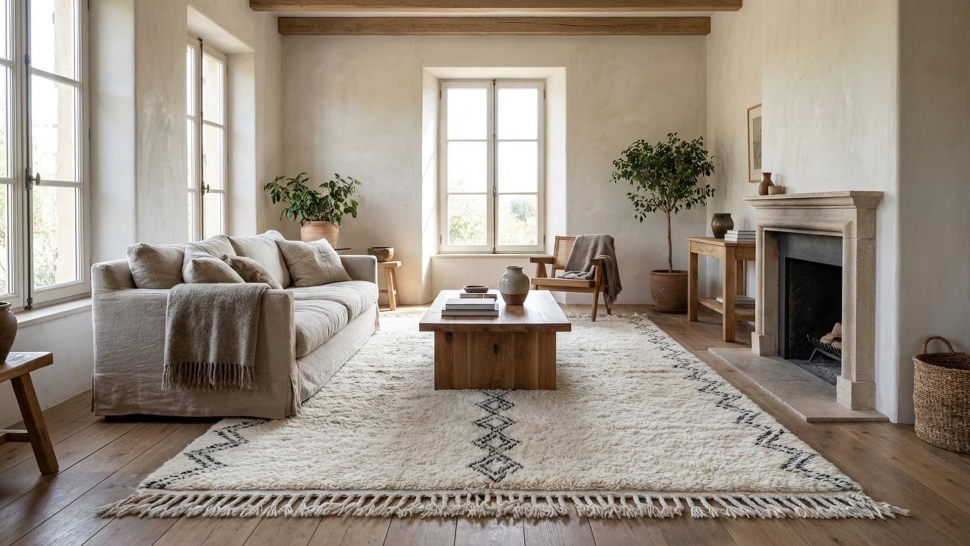 Tapis Marocain Beni Ourain 5x9 Laine Ivoire Noir Minimaliste Salon Berbère