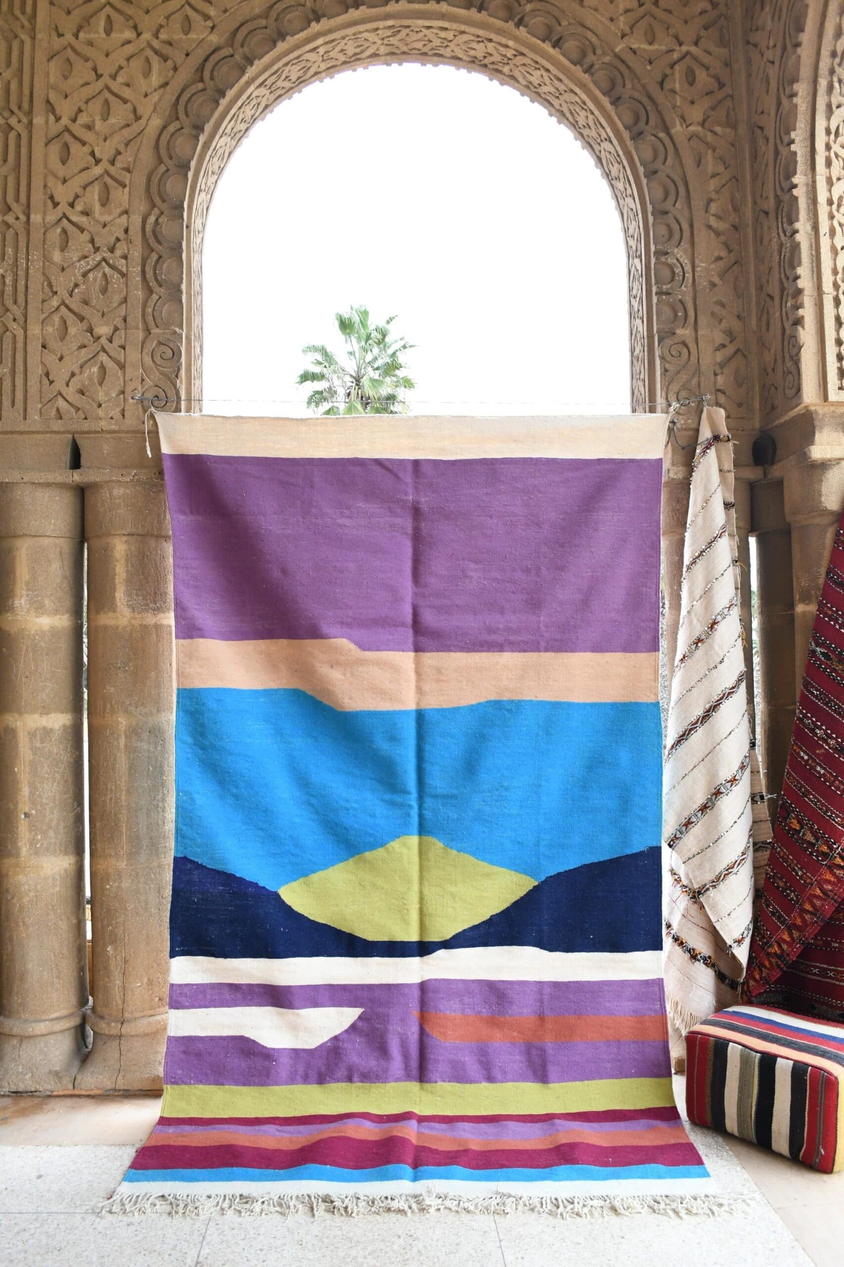 Marokkolainen matto käsintehty villa 6x10 - Väriblokki moderni kilim alue matto olohuoneeseen makuuhuoneeseen, Sininen Violetti Neutraali - Image 3