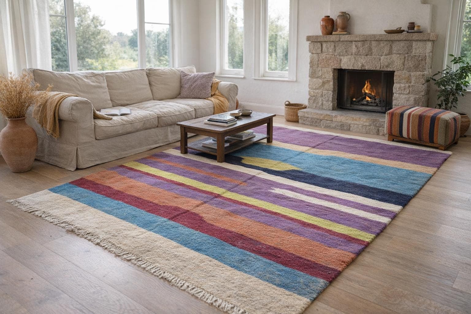 Alfombra Marroquí Hecha a Mano de Lana 8x5 - Alfombra Kilim Moderna Colorida para Sala de Estar y Dormitorio Decoración Boho