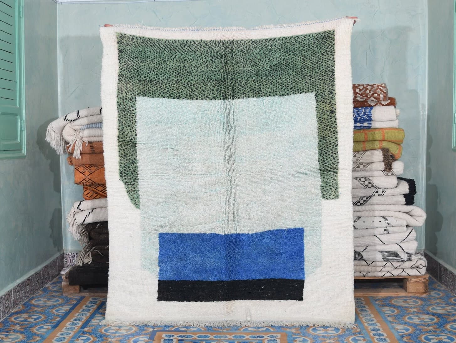 Marokkolainen Matto Käsintehty Villa Mukautettu Koko - Ivory Sininen Vihreä Moderni Boho Alue Matto Olohuoneeseen Makuuhuoneeseen - Mrirt - Image 2