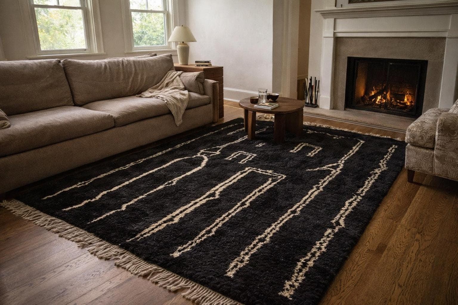 Marokkolainen Matto Käsintehty Villa Mukautettu Koko - Musta Valkoinen Minimalistinen Moderni Alue Matto Olohuoneeseen Makuuhuoneeseen Berber