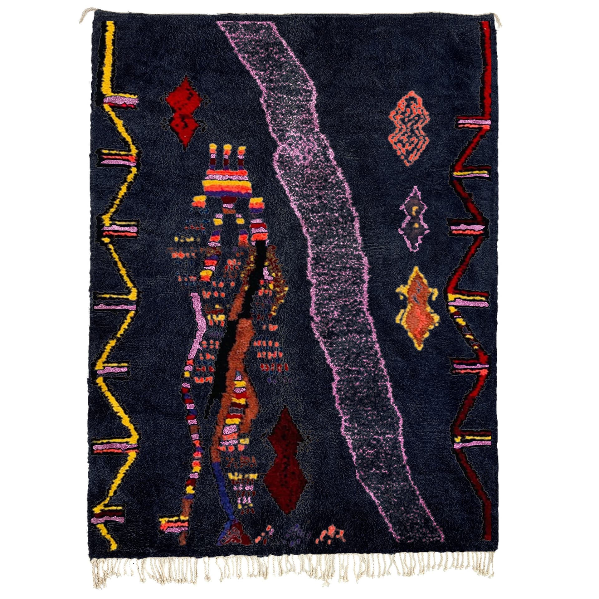 Marockansk Matta Azilal 5x8 Ull Marinblå Svart Rosa Orange Gul Boho Vardagsrum - Image 2