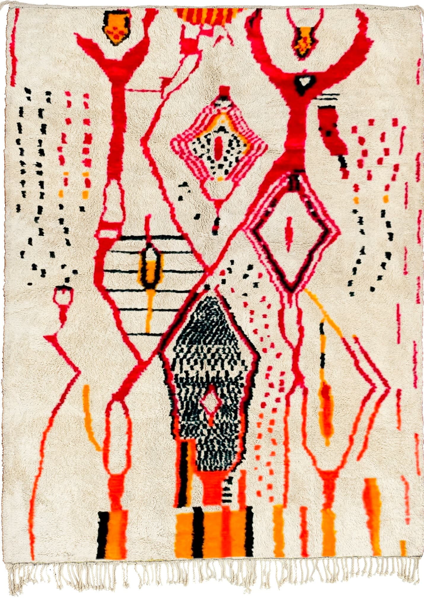 Marokkanischer Teppich Azilal 5x8 Wolle Creme Weiß Rot Orange Schwarz Boho Wohnzimmer Berber - Image 3