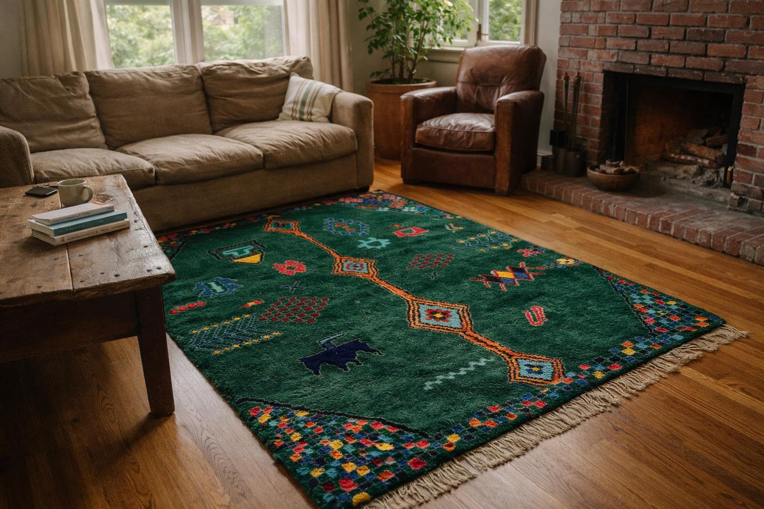 Marokkolainen Matto Boujaad 5x7 Villa Metsänvihreä Monivärinen Tribal Boho Olohuone - Image 2