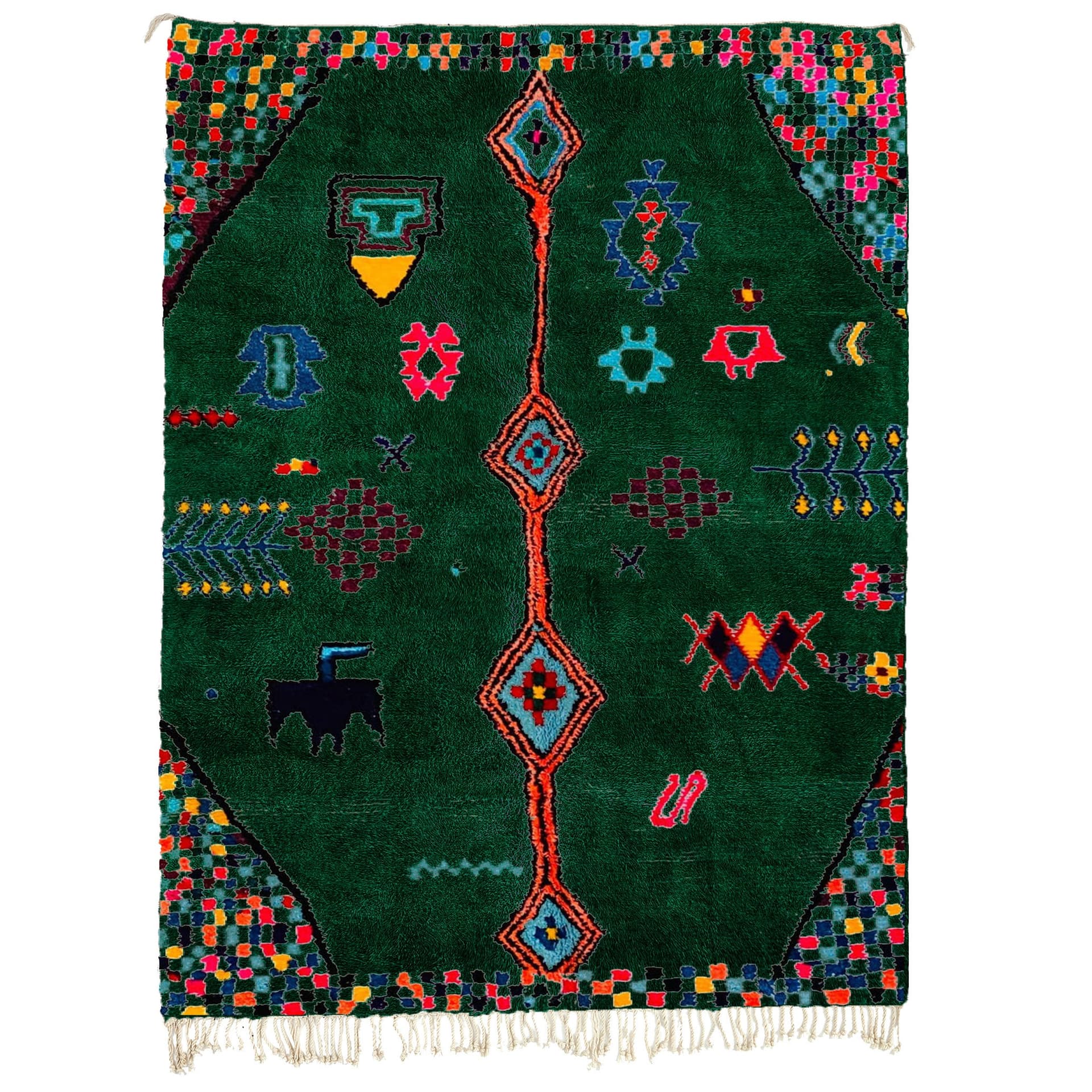 Marokkolainen Matto Boujaad 5x7 Villa Metsänvihreä Monivärinen Tribal Boho Olohuone - Image 3