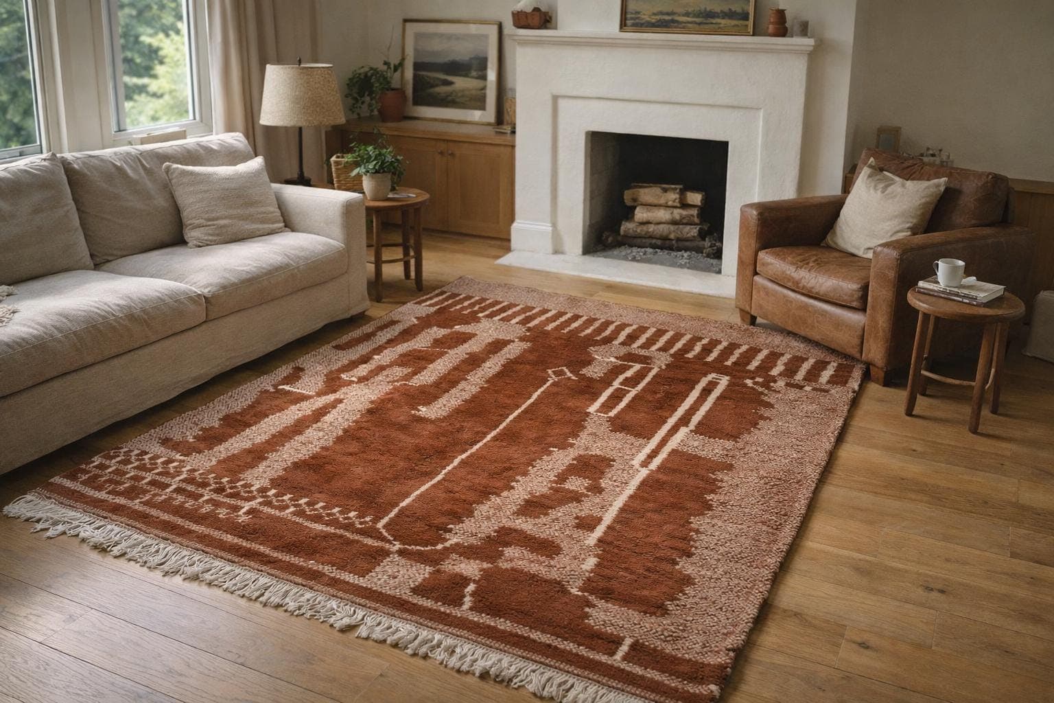 Marockansk Matta Handgjord Ull 8x10 - Rost Terrakotta Neutral Modern Boho Områdesmatta för Vardagsrum Sovrum - Mrirt