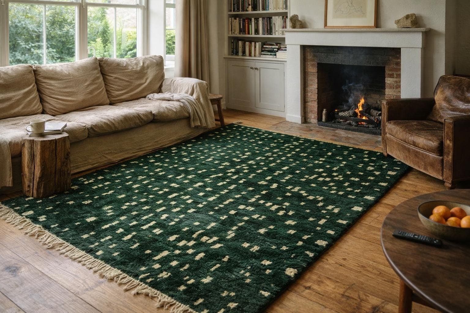 Marokkanischer Teppich Handgefertigt Wolle 8x10 - Dunkelgrün Elfenbein Moderner Boho Teppich für Wohnzimmer Schlafzimmer - Mrirt Berber