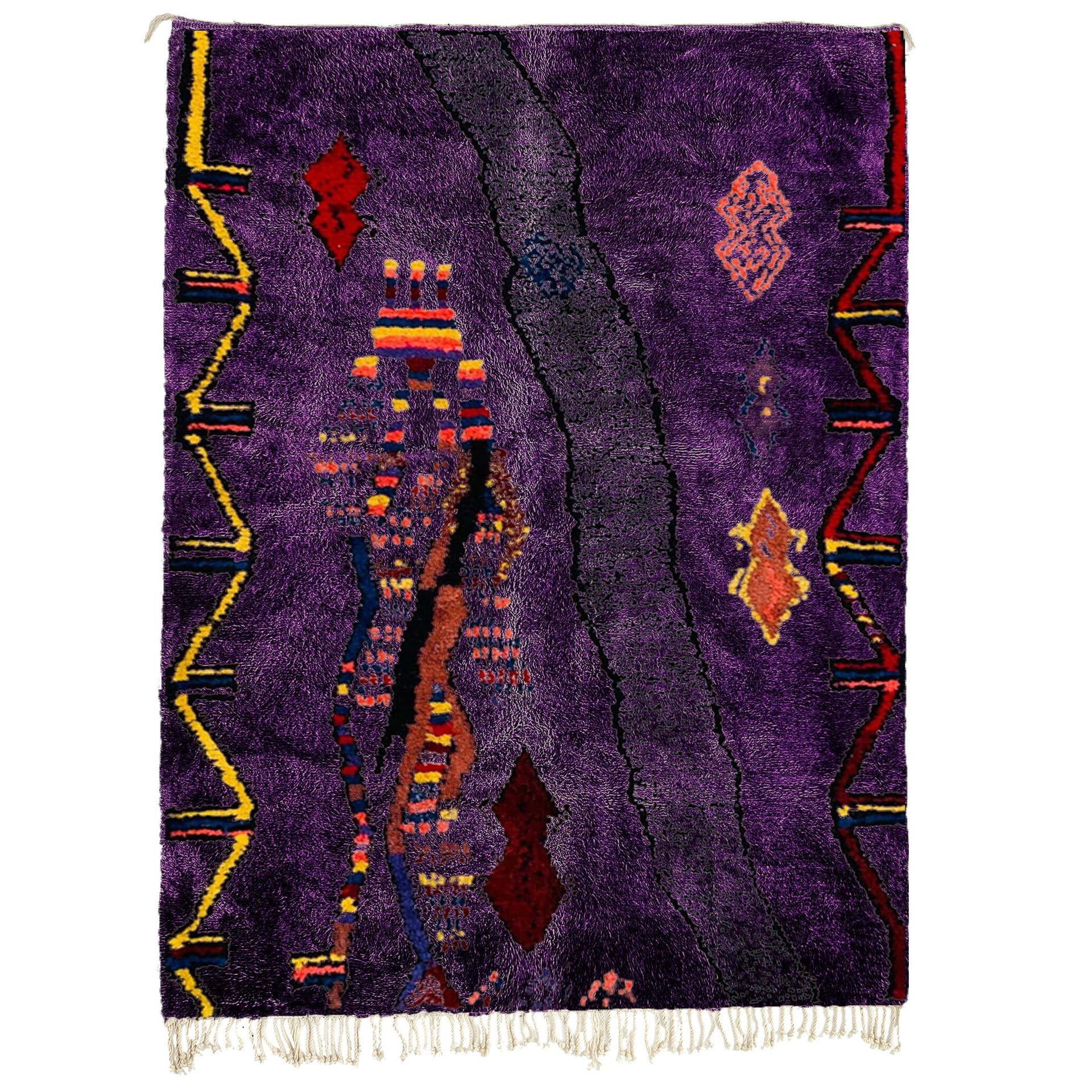 Alfombra Marroquí Azilal 5x8 de Lana Púrpura Negra Multicolor para Sala Boho - Image 2