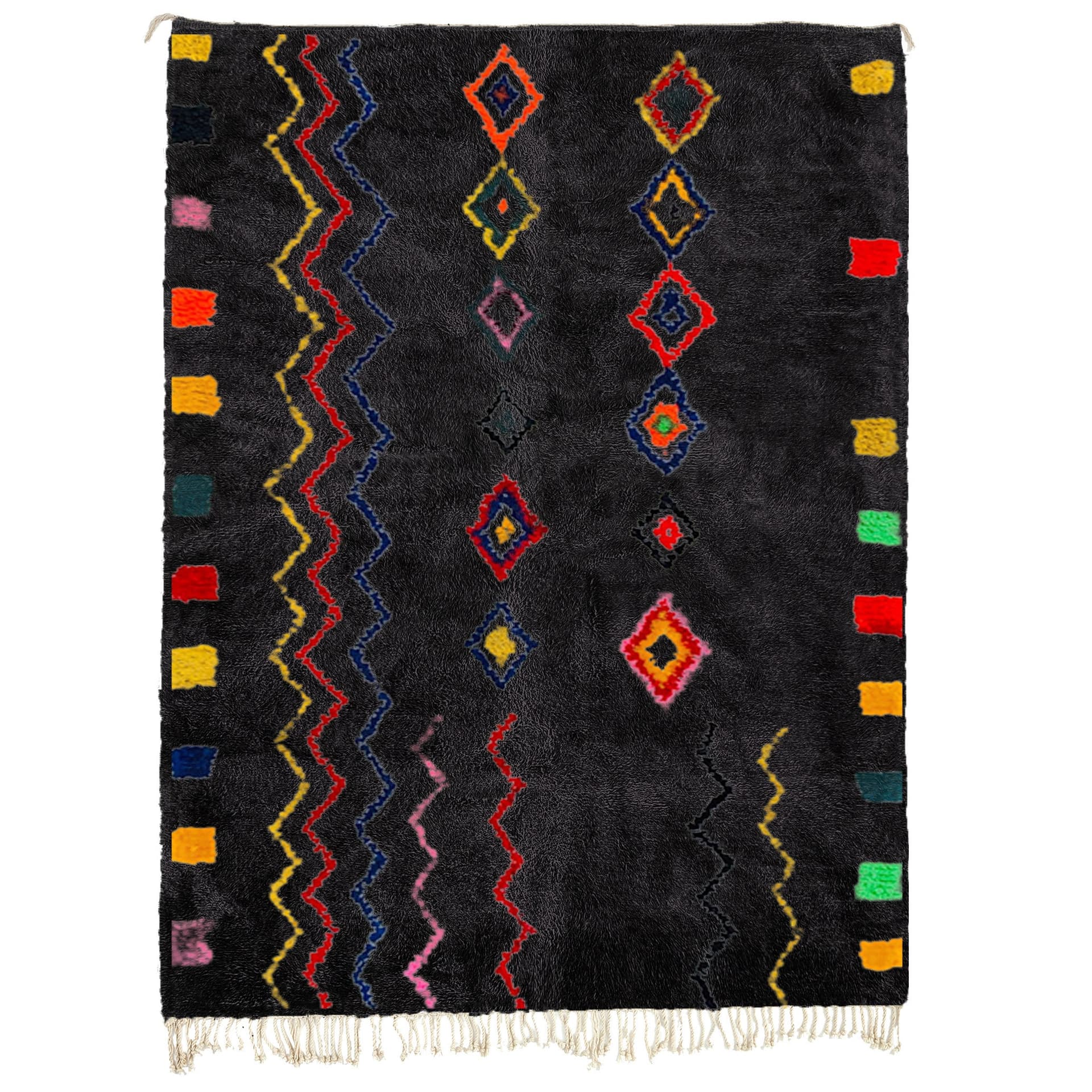 سجادة مغربية مصنوعة يدويًا من الصوف بحجم مخصص - سجادة منطقة سوداء ملونة بأسلوب بوهيمي لغرفة المعيشة وغرفة النوم، بأسلوب بربري - Image 2
