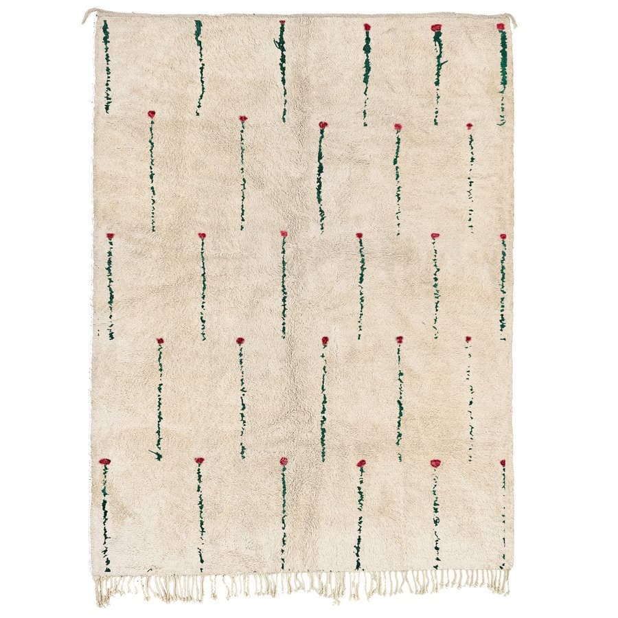 Tapis Marocain Beni Ourain 5x8 Laine Crème Ivoire Vert Rouge Minimaliste Salon Berbère - Image 2