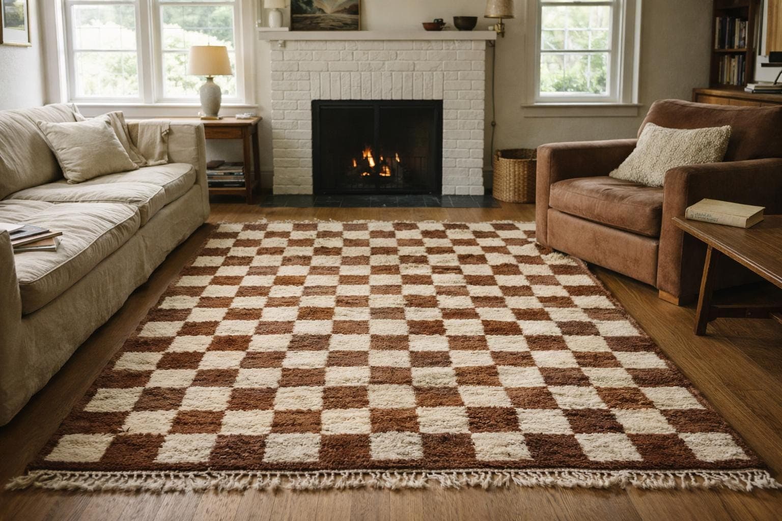 Moroccan Rug Checkered Handmade Wool 8x10 - Ivory Brown Boho Area Rug for Living Room Bedroom Modern Berber