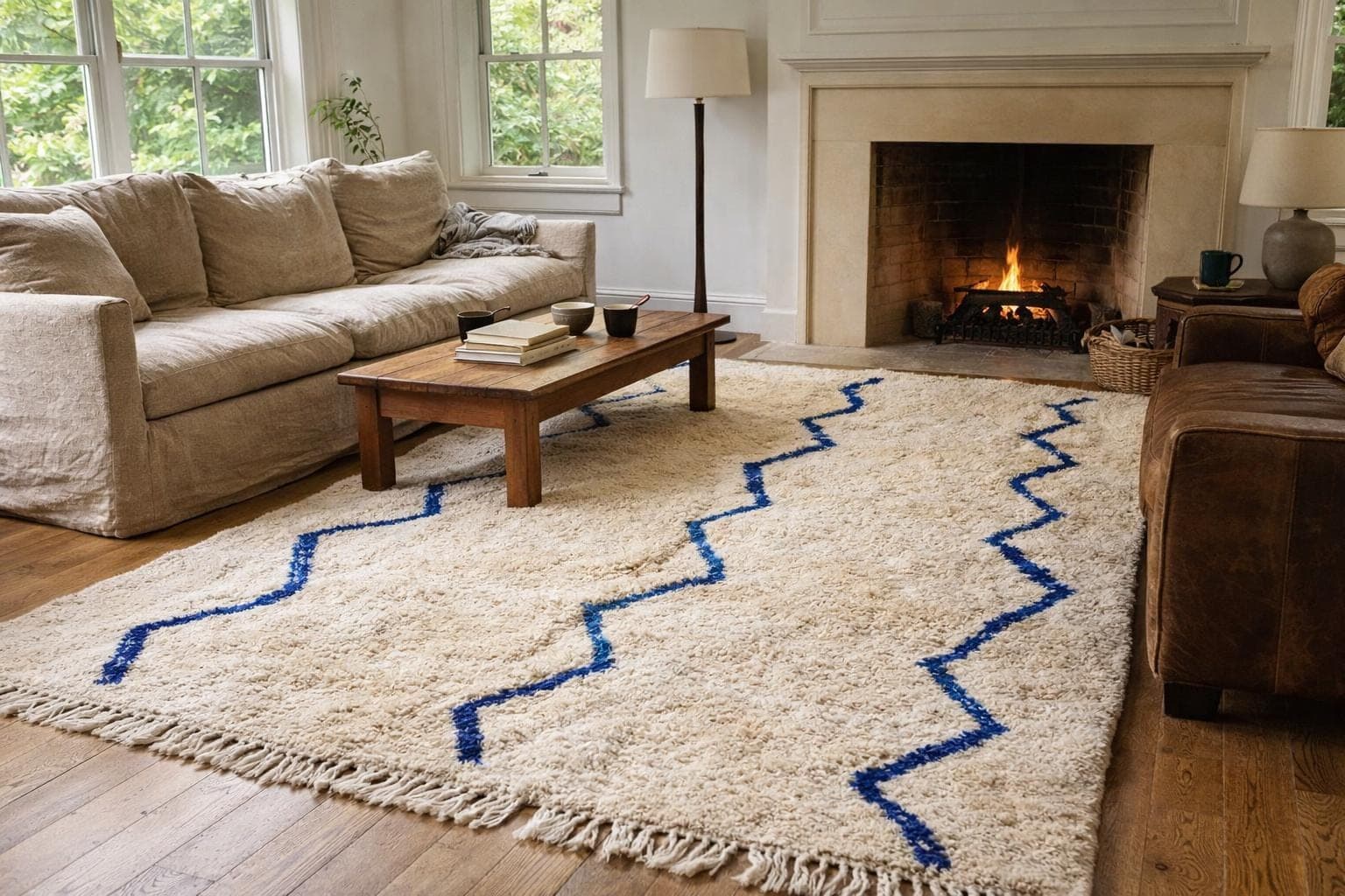 Moroccan Rug Beni Ourain 8x10 Wool Cream White Cobalt Blue Zigzag Boho Living Room