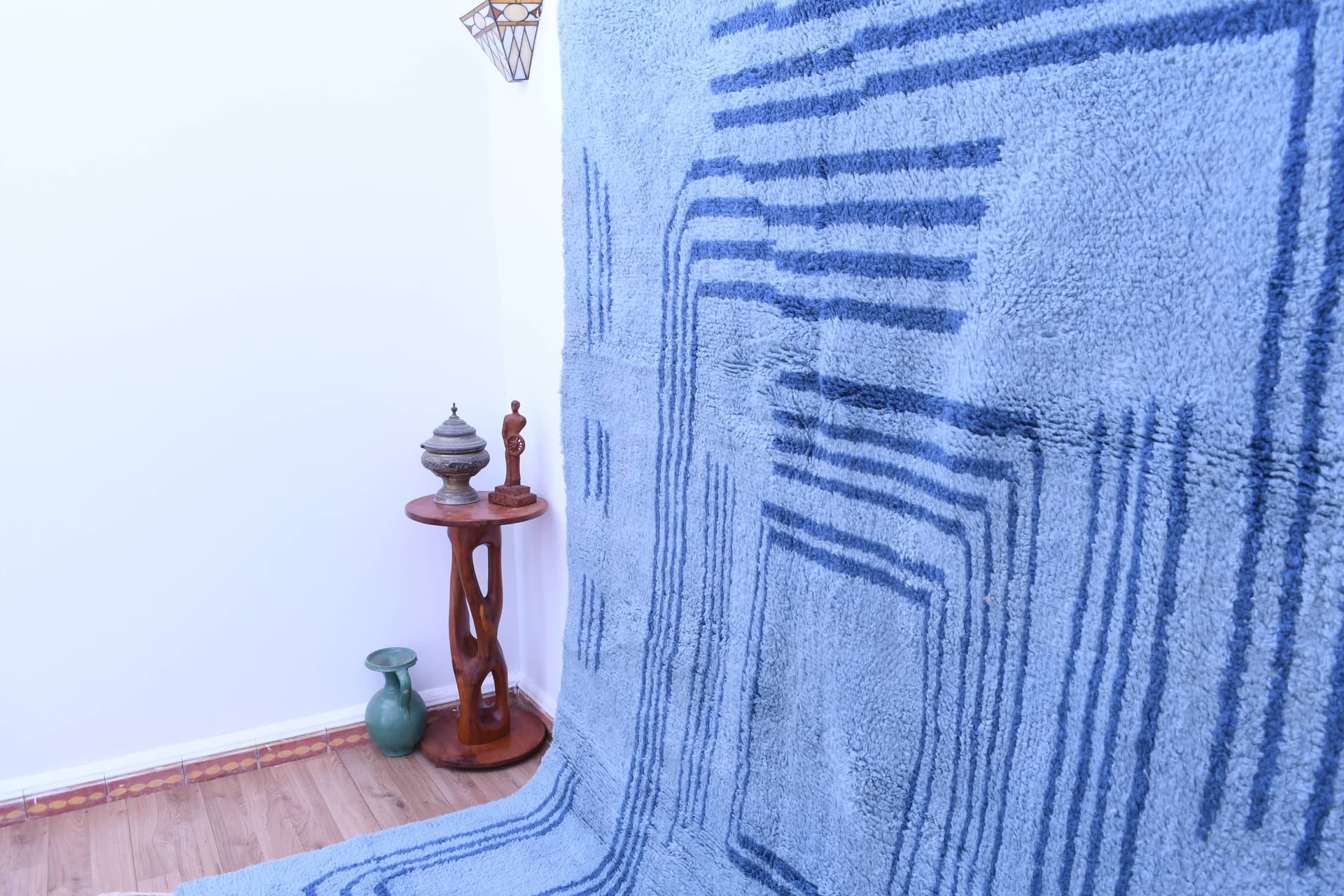 Moroccan Rug Handmade Wool 7x10 - Blue Minimalist Modern Area Rug for Living Room Bedroom - Authentic Mrirt Berber