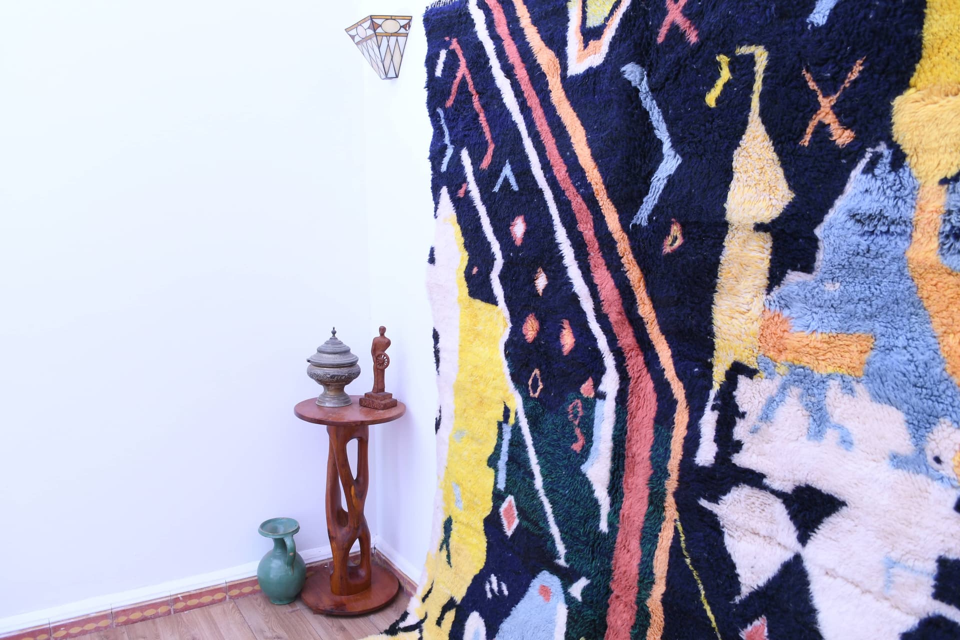 Moroccan Rug Handmade Wool 6x10 - Navy Blue Yellow Modern Boho Area Rug for Living Room Bedroom - Mrirt