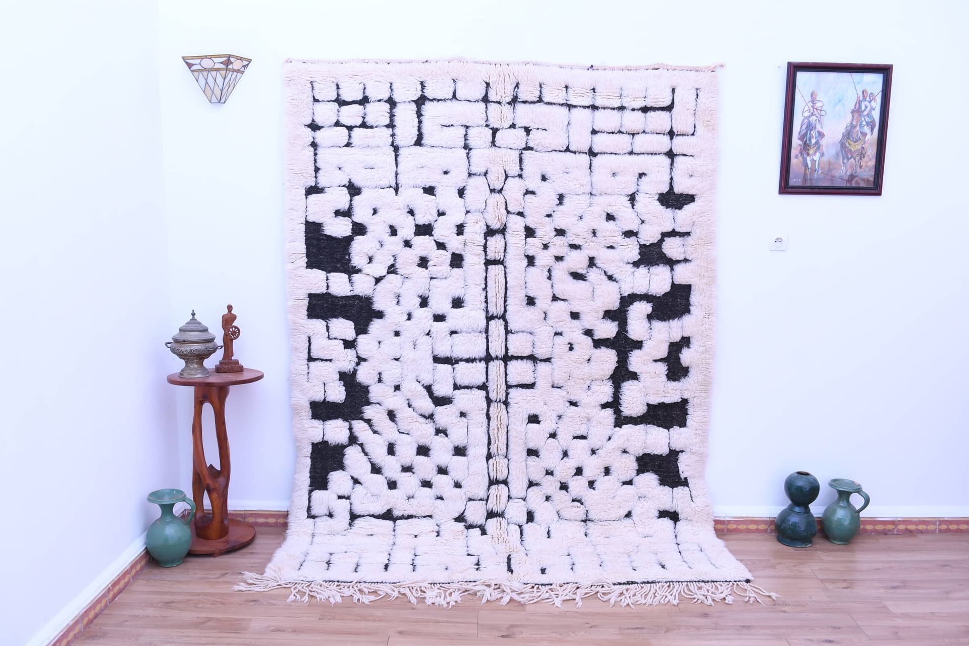 Moroccan Rug Handmade Wool 8x6 - Ivory Black Minimalist Boho Area Rug for Living Room Bedroom - Mrirt