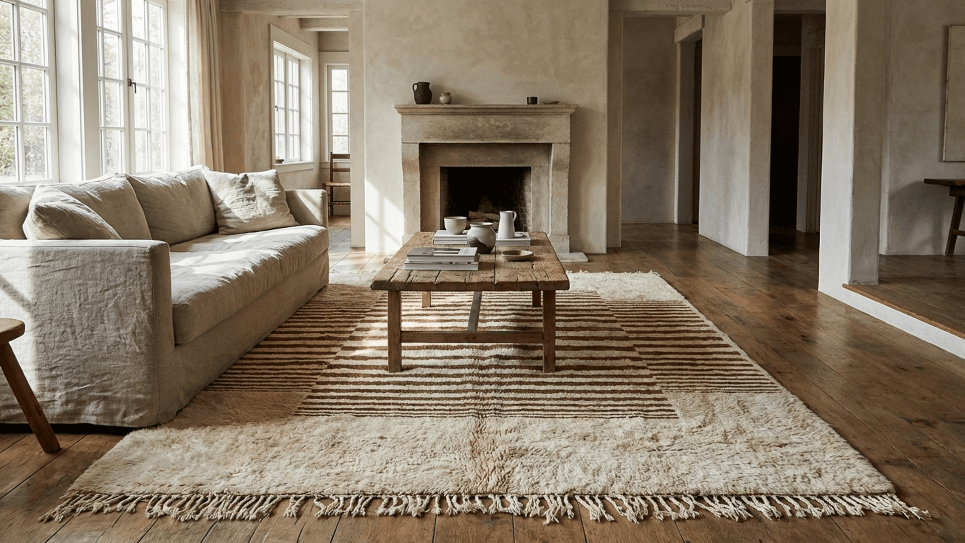 Ivory Framed Stripe Beni Mrirt Rug