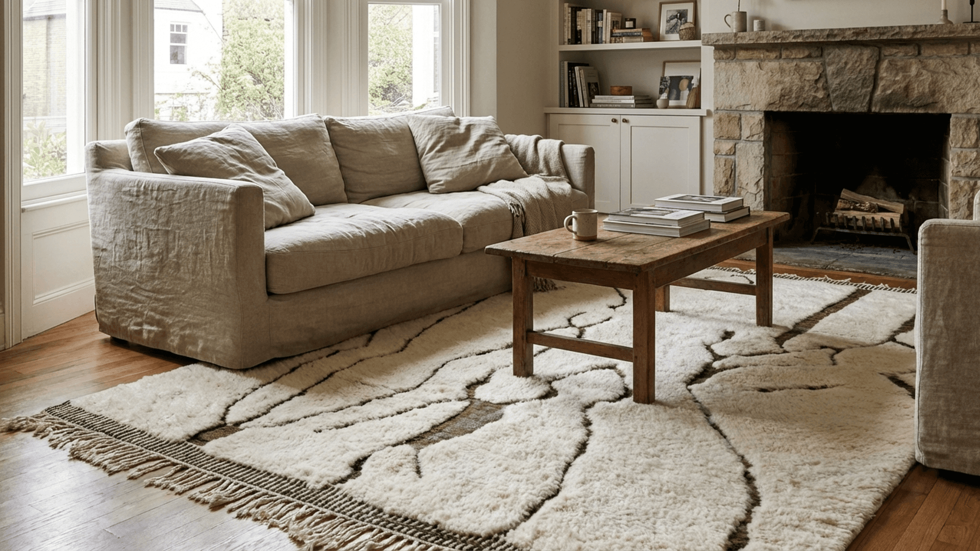 Moroccan Rug Beni Ourain 7x10 Wool Ivory Olive Green Minimalist Living Room Berber