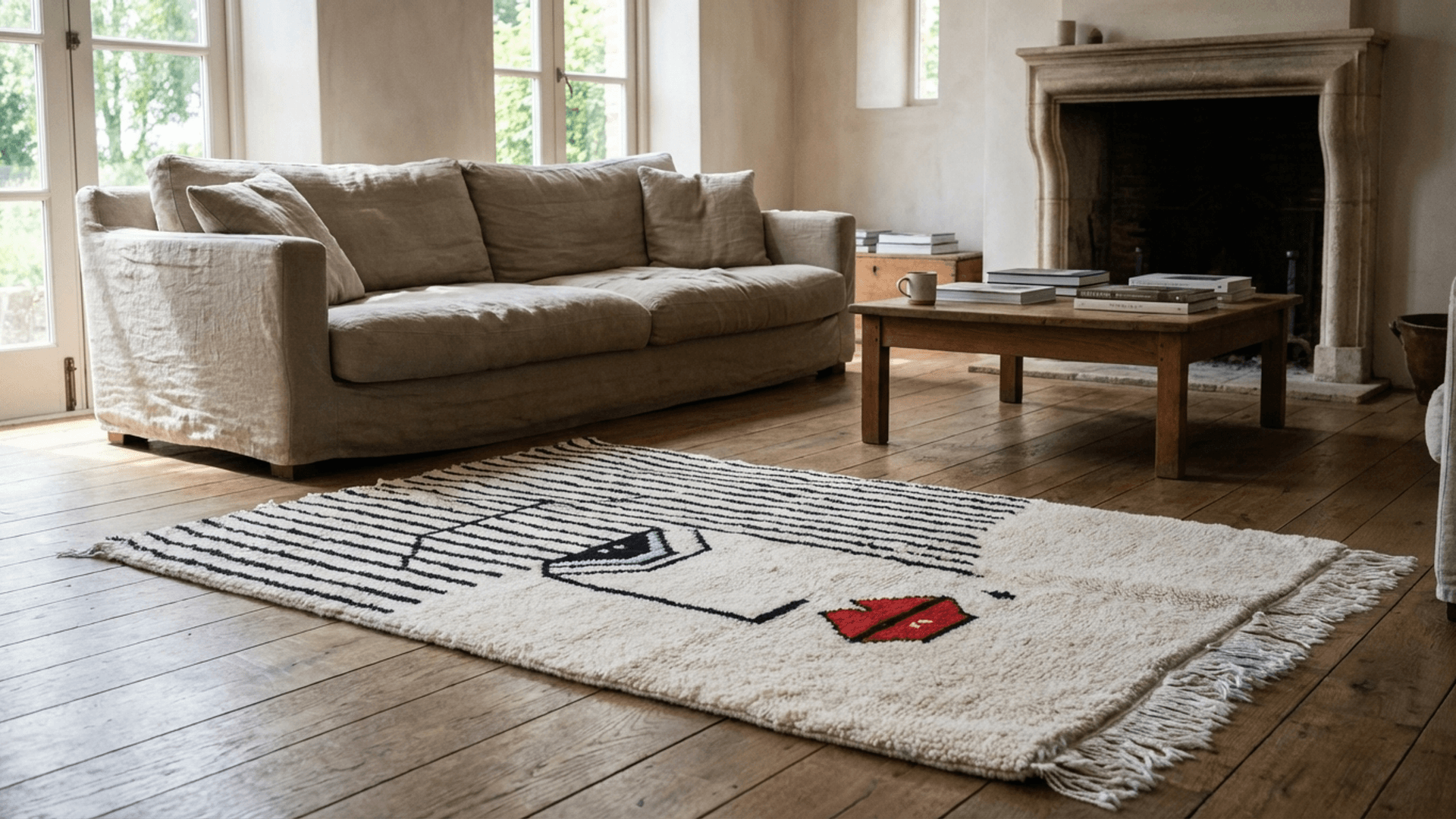 Moroccan Rug Mrirt 3x5 Wool Ivory Black Red Minimalist Living Room Berber