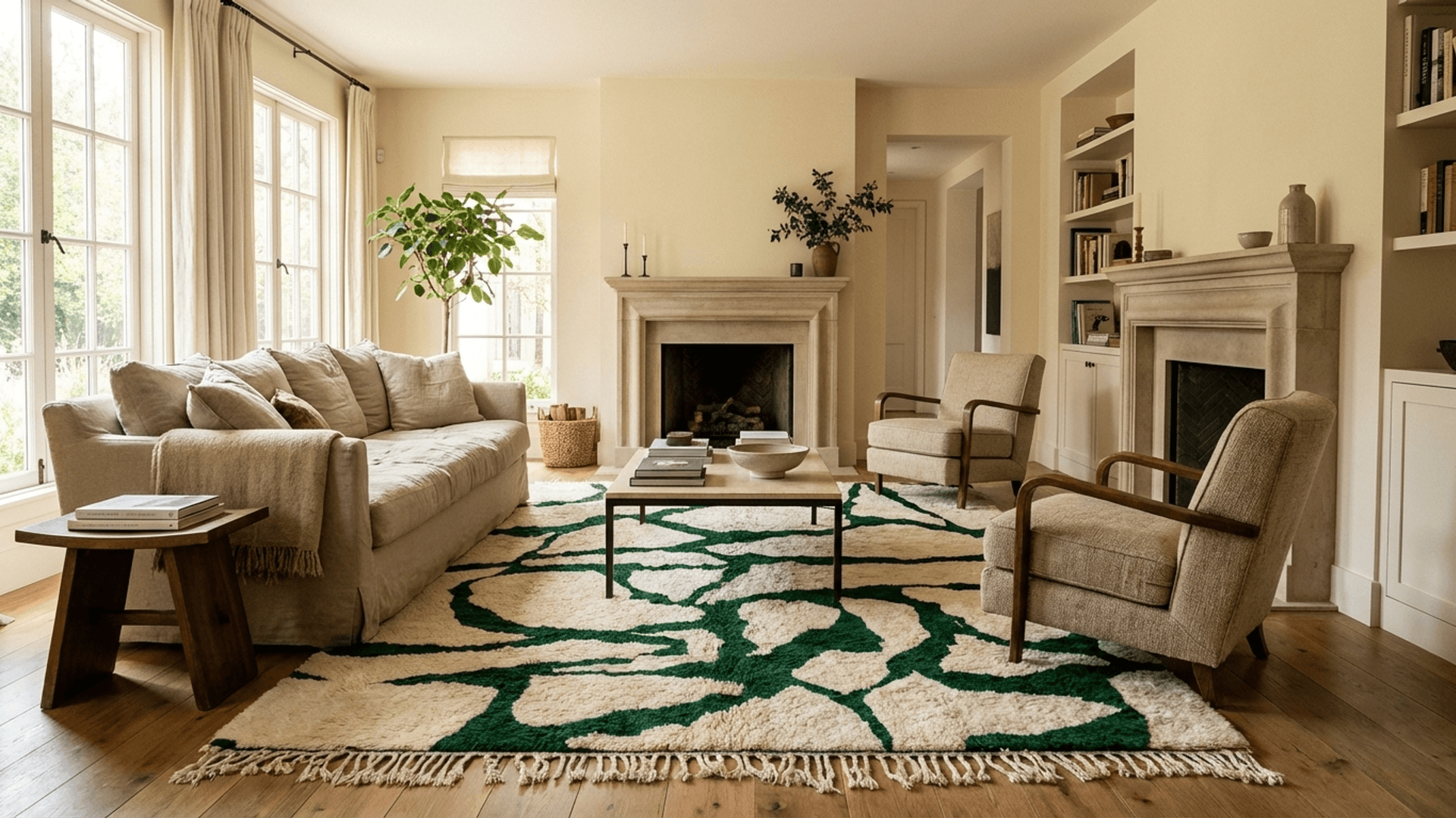 Moroccan Rug Beni Ourain 8x10 Wool Ivory Green Minimalist Living Room Berber
