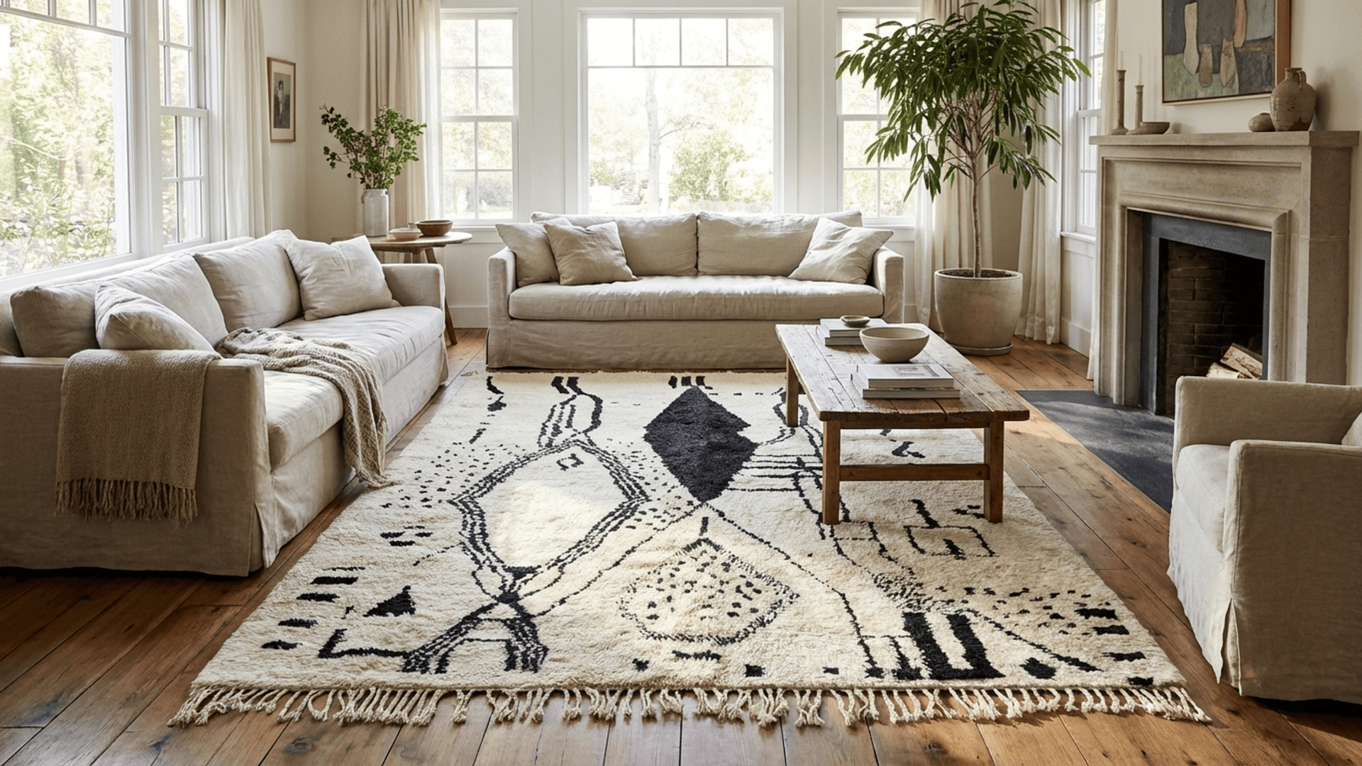 Moroccan Rug Beni Ourain 5x8 Wool Black Ivory Minimalist Living Room Berber Area Rug
