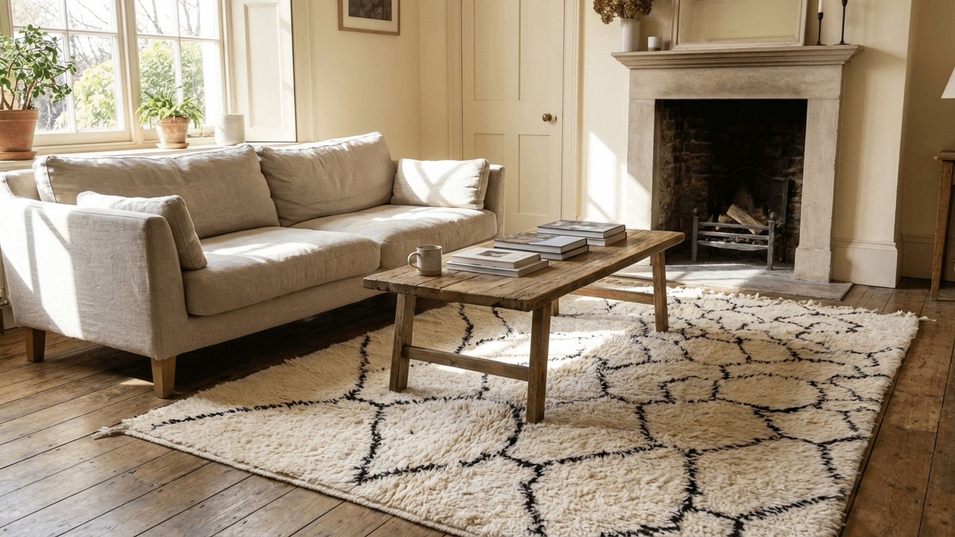 Ivory Black Lattice Beni Ourain Rug