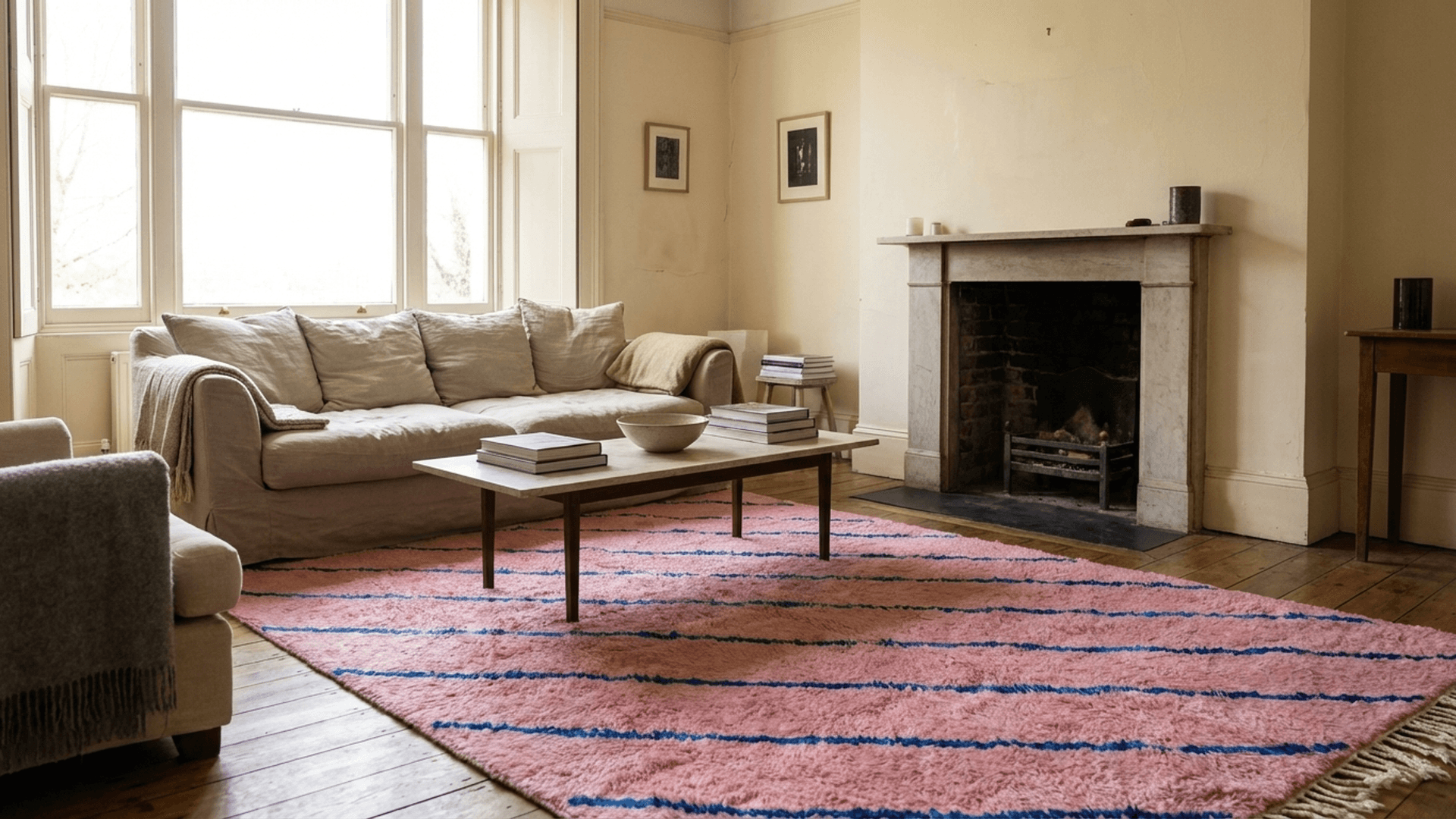 Tapis Marocain Mrirt 8x10 Laine Rose Bleu Minimaliste Salon