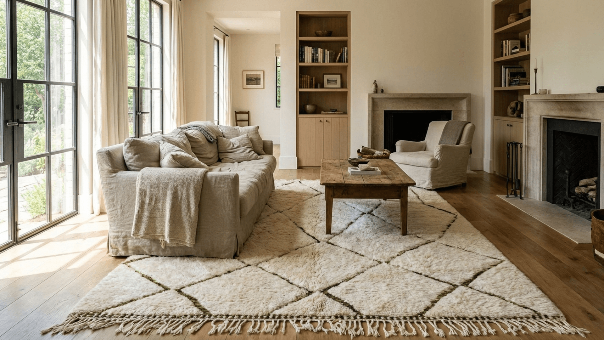 Moroccan Rug Beni Ourain 7x10 Wool Cream Ivory Olive Green Minimalist Living Room