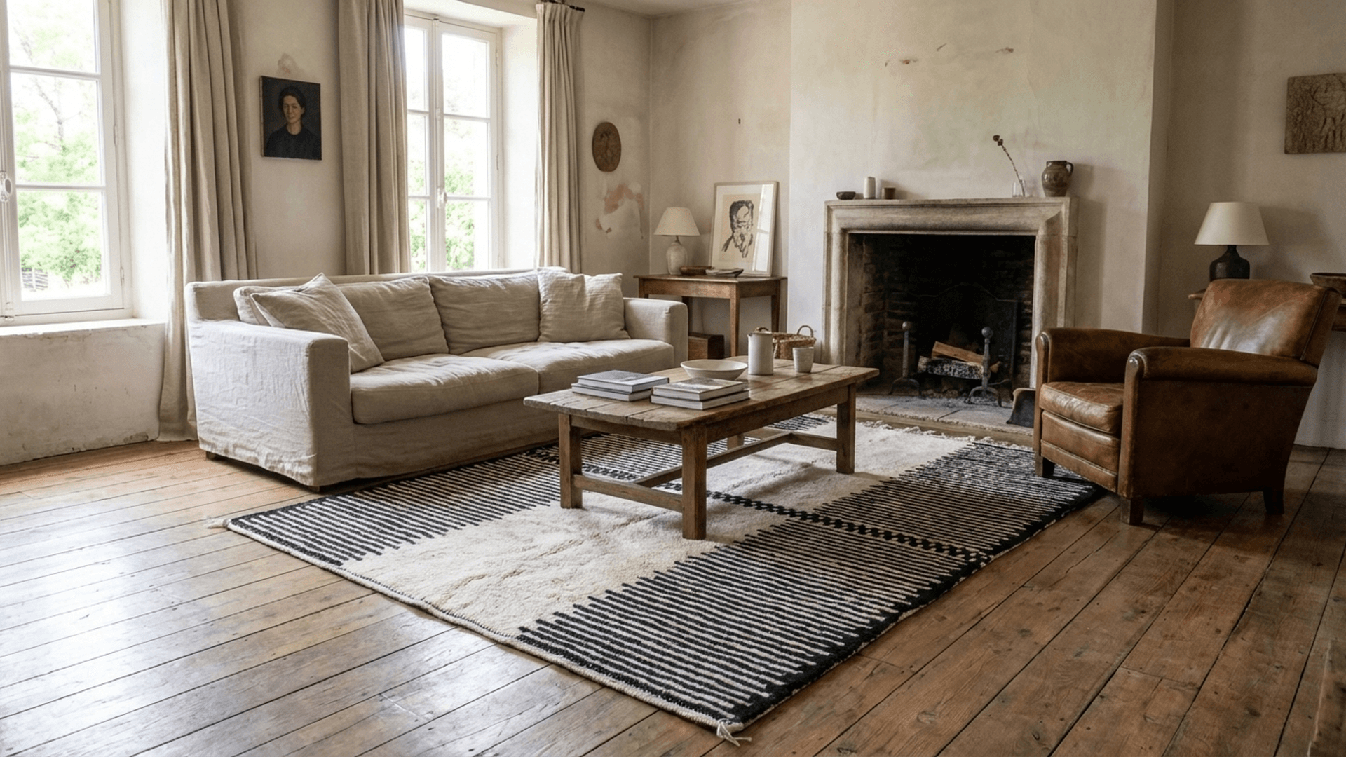 Moroccan Rug Beni Ourain 5x7 Wool Black Ivory Minimalist Living Room