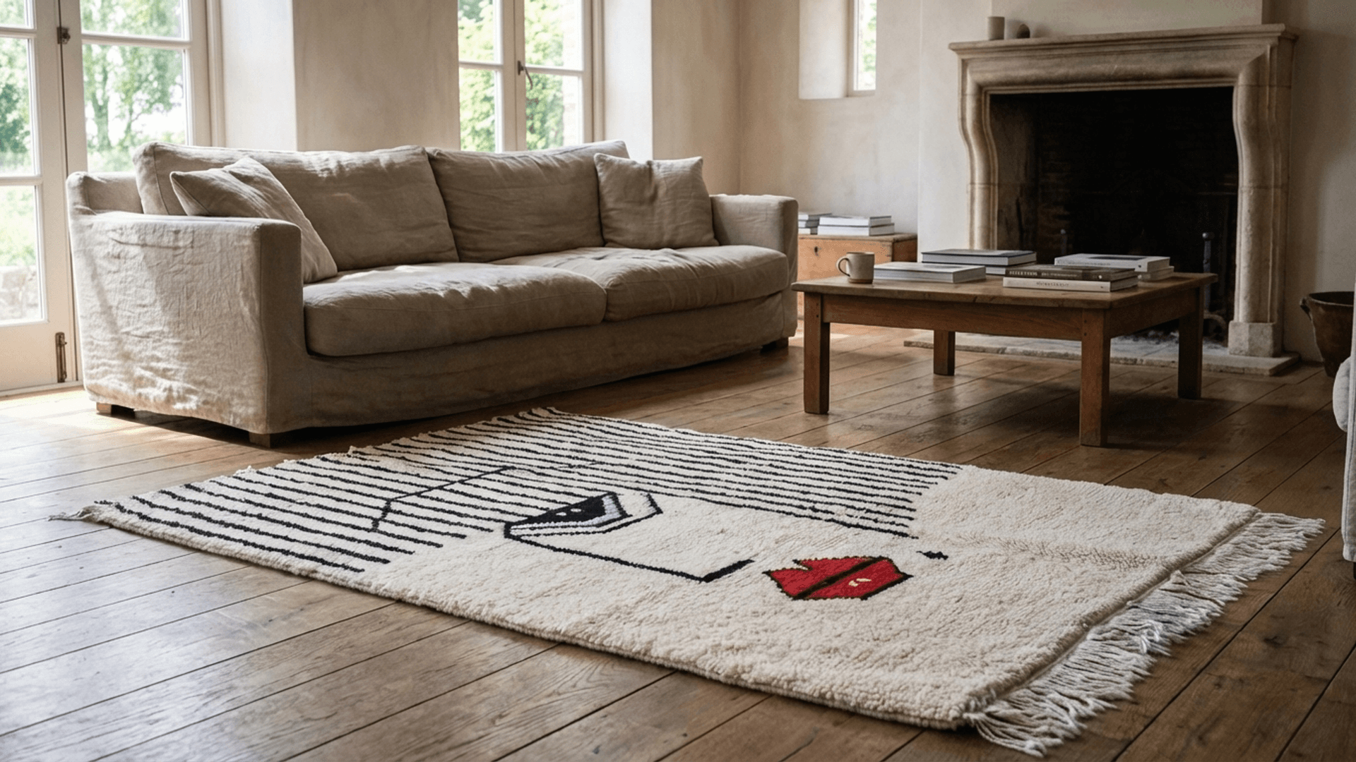 Moroccan Rug Mrirt 3x5 Wool Ivory Black Red Minimalist Living Room Berber
