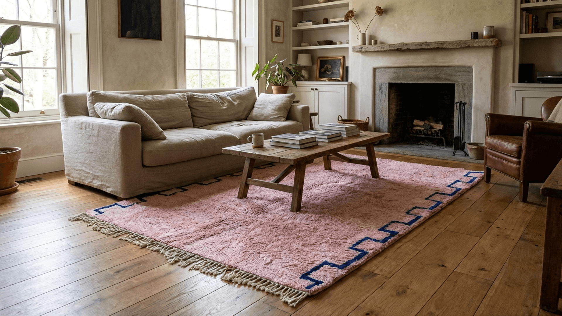Tapis Marocain Mrirt 8x10 Laine Rose Poudré Bleu Cobalt Minimaliste Boho Salon