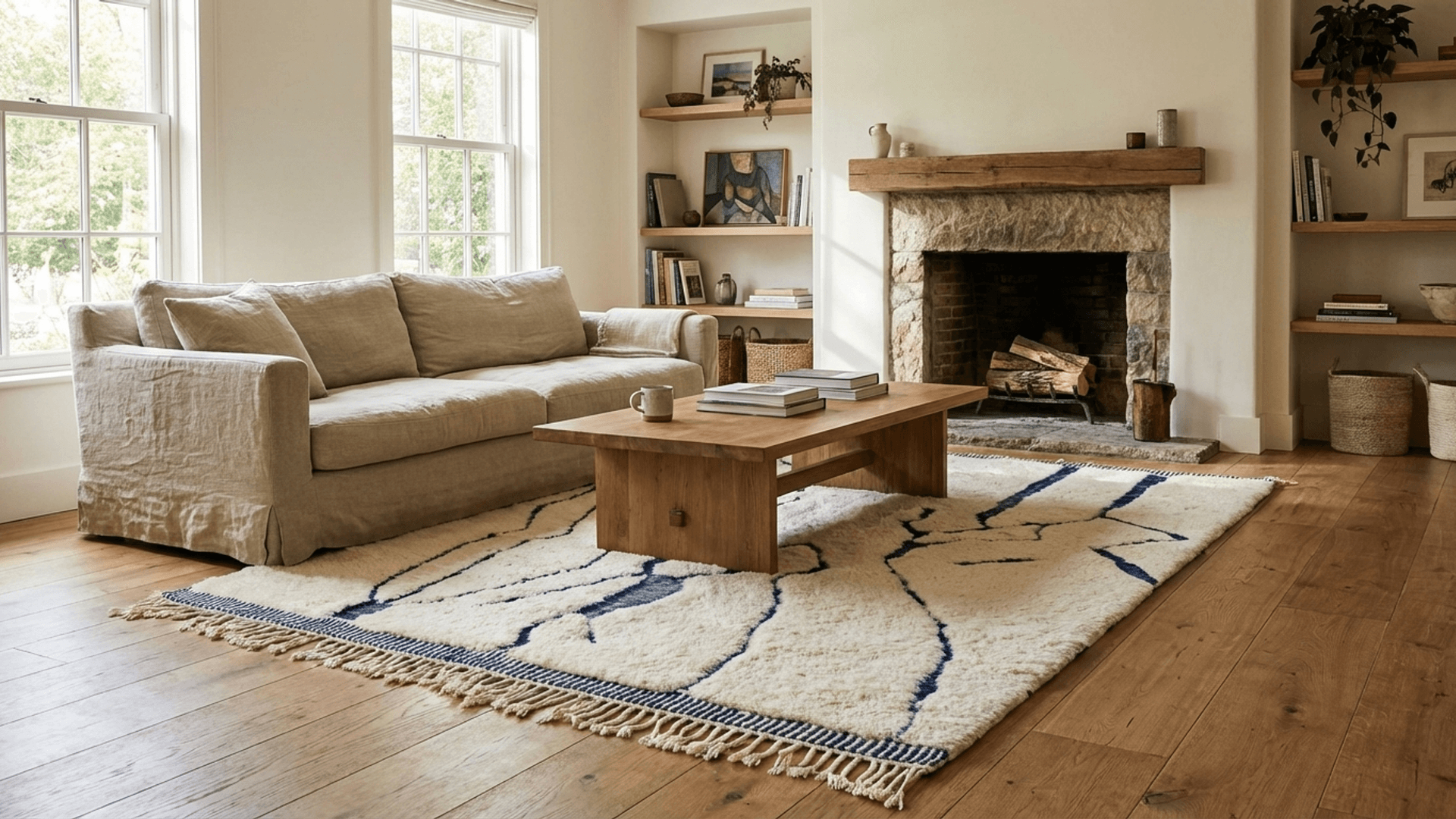 Moroccan Rug Beni Ourain 5x7 Wool Navy Ivory Boho Minimalist Living Room