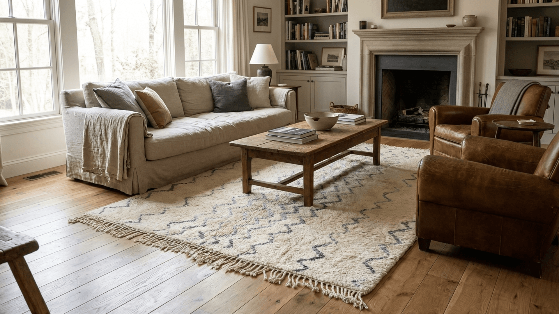 Moroccan Rug Beni Ourain 5x8 Wool Cream White Blue Gray Minimalist Living Room