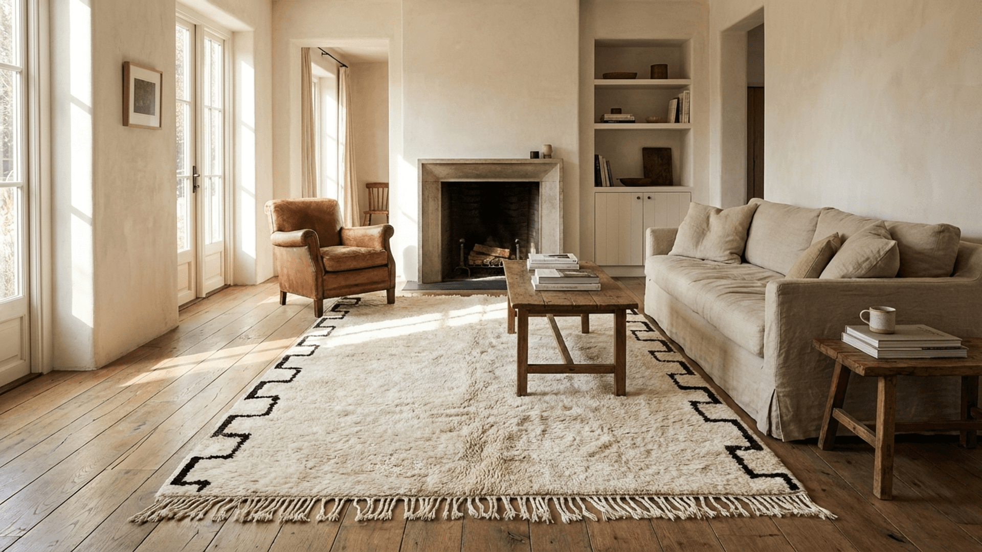 Moroccan Rug Beni Ourain 5x8 Wool Black Ivory Minimalist Living Room