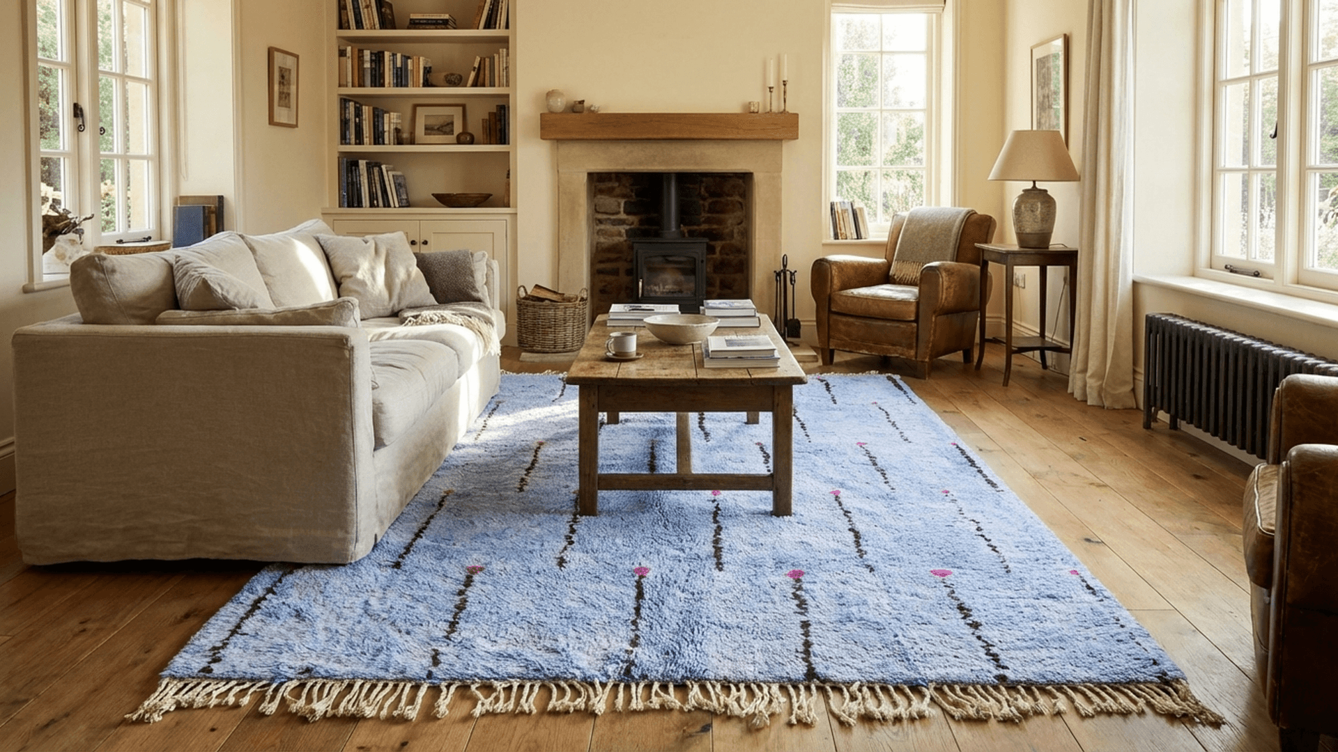 Light Blue Linear Beni Mrirt Rug