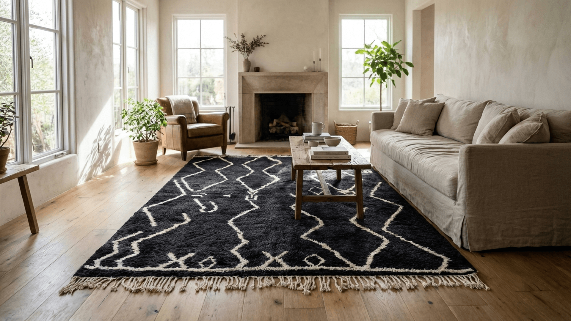Moroccan Rug Handmade Wool Custom Size - Black White Minimalist Boho Area Rug for Living Room Bedroom Beni Ourain