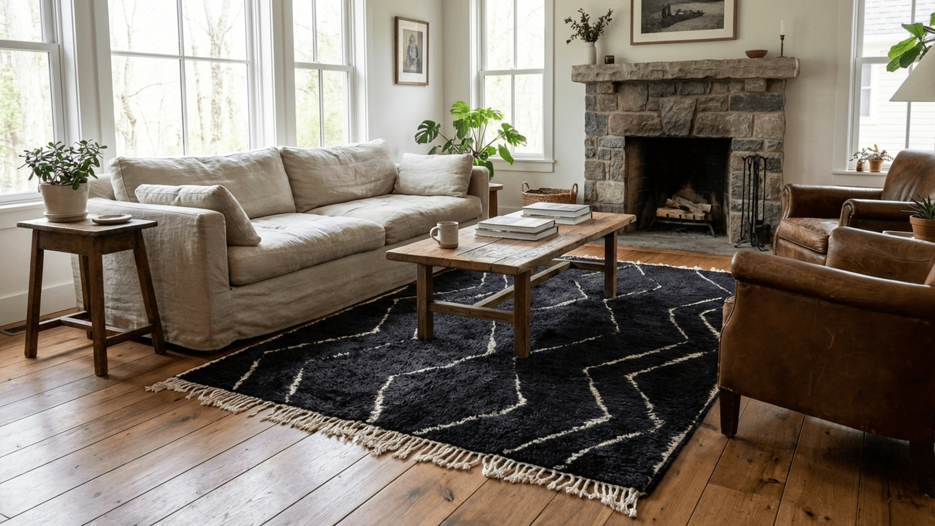 Black Wavy Diamond Beni Ourain Rug