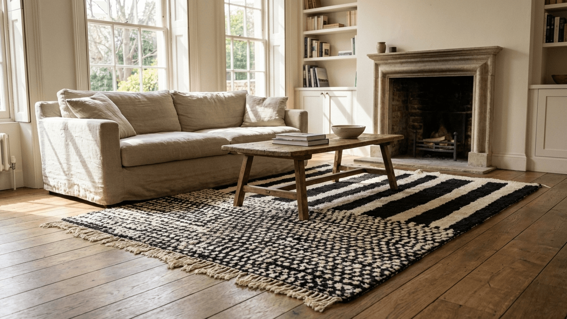 Black Striped Panel Beni Ourain Rug